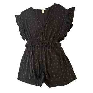 H&M Black Star Print Ruffle Romper V-Neck Flutter Sleeve Tie Waist Size 4 (1025)